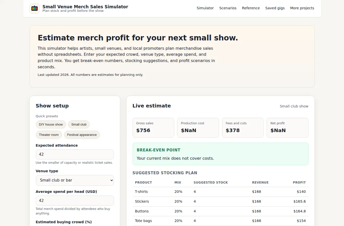 Screenshot of Small Venue Merch Sales Simulator interface showing the project page in use